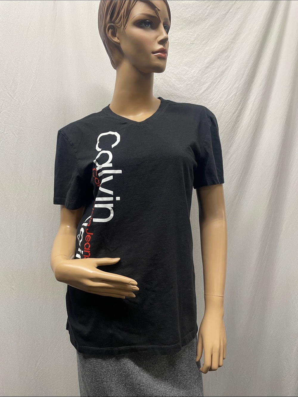 Calvin Klein Women's Black with White & Red Logo V-Neck Tee Shirt